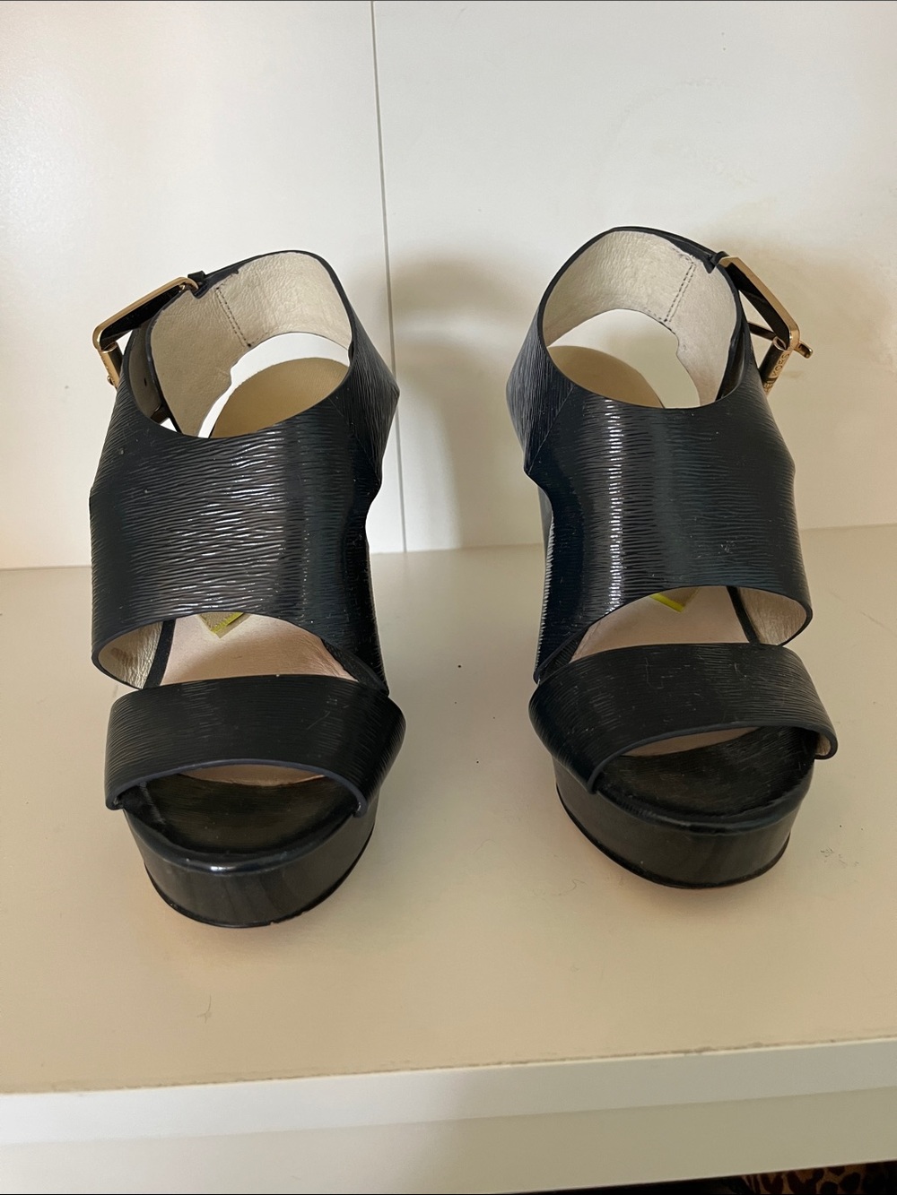Michael Kors Black Leather Platform Heels with Gold Buckle